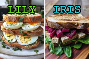 On the left, a hard boiled egg sandwich labeled lily, and on the right, a tofu and beet sandwich labeled iris