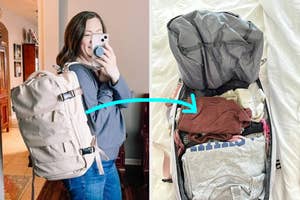 Woman showing off a backpack next to an open suitcase packed with clothes, emphasizing storage capacity for travel