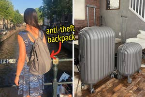 Woman with anti-theft backpack, close-up of similar backpack beside suitcase. Ideal for secure travel shopping