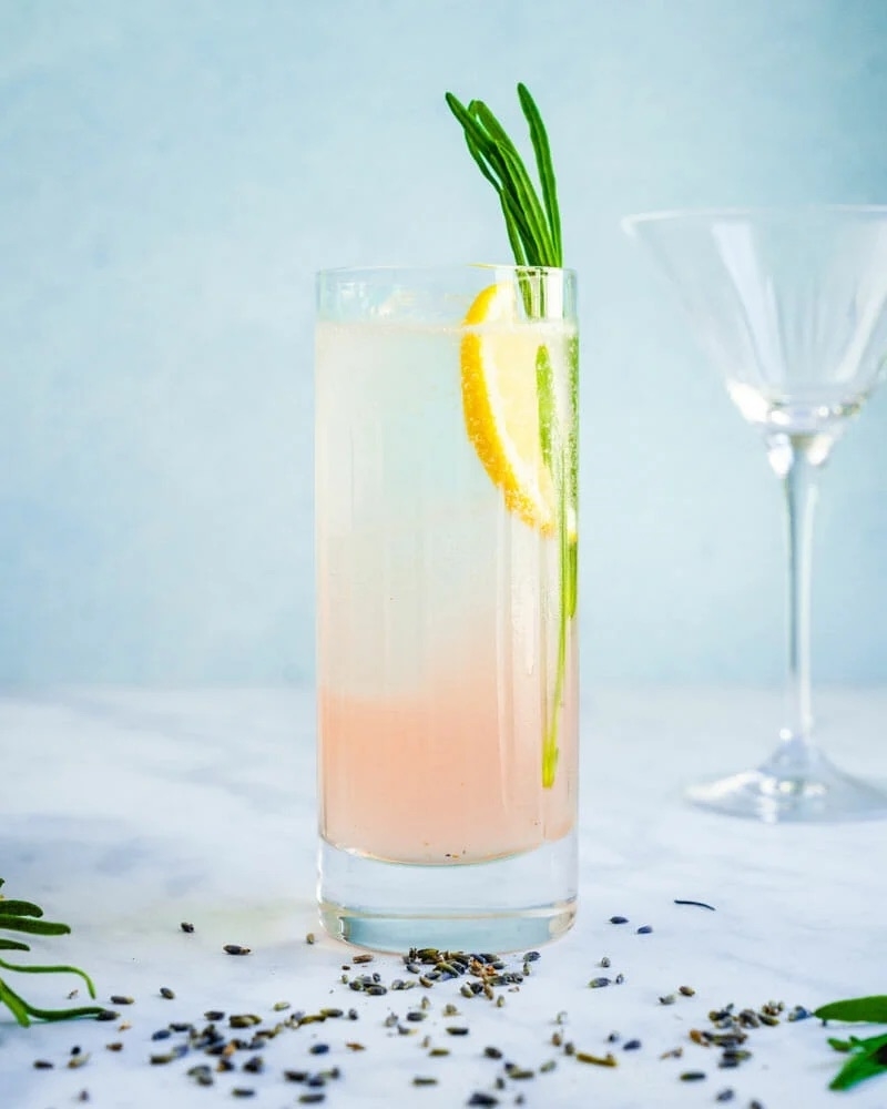 Cocktail glass with a clear drink garnished with an orange slice and green sprig, scattered herbs on table