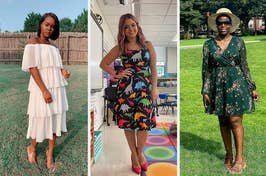 from left to right: reviewer wearing off-shoulder white ruffle dress, reviewer wearing dinosaur-print sleeveless dress, reviewer wearing green long-sleeve floral mini dress