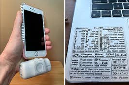 Image 1: Hand holding iPhone with white earbuds. Image 2: MacBook keyboard with overlaid shortcuts cheat sheet