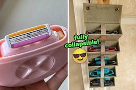reviewer holding pink Alleyoop travel razor / reviewer's beige collapsible holder that has five pairs of sunglasses in it