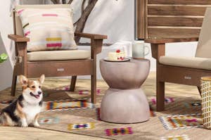 A Corgi sits beside outdoor furniture including a chair, side table, and a colorful rug
