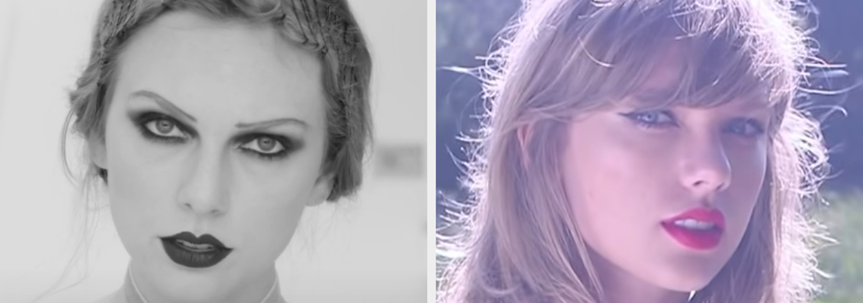 On the left, Taylor Swift in the Fortnight music video labeled April, and on the right, Taylor Swift in the Style music video labeled July