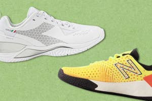 Two different athletic shoes on a green background; one white with patterns, and one yellow with a large 'N' logo