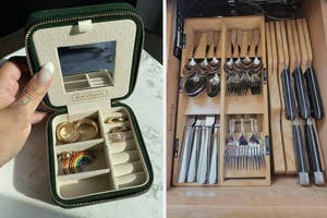 Two images: left shows a small open jewelry box with compartments; right shows a drawer organizer with cutlery sets