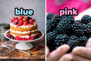 Two images split screen: Left, cake with berries on stand, word "blue"; right, hands holding blackberries, word "pink"