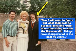 Three people pose together outdoors, with one in graduation attire, celebrating an academic achievement. Text on image discusses generational differences