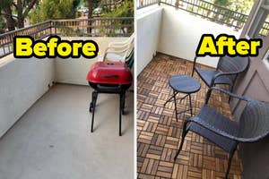 "Before and after view of a balcony renovation, with upgraded flooring and new furniture."