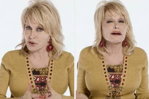 Dolly Parton in a gold top with patterned details, wearing large red earrings, speaking and gesturing with her hands