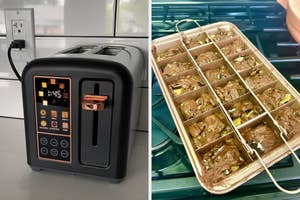 toaster with control panel and brownie pan with divisions
