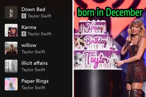 On the left, a Taylor Swift Spotify playlist, and on the right, Taylor Swift standing next to a birthday cake on stage labeled born in December