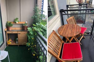 Two images of balcony decor: left with wooden shelf and plants, right with wooden table and chair with red cushions