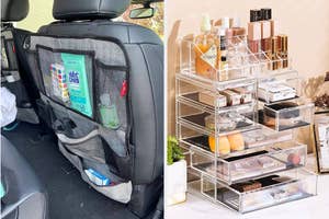 Car backseat organizer next to a photo of clear makeup and accessory storage units on a dresser