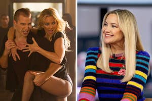 Two images side by side; left shows a dance scene from a film, right is a smiling woman wearing a striped sweater