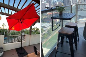 Two images: left shows an outdoor setup with a red umbrella, right depicts a balcony table and stool set with a view