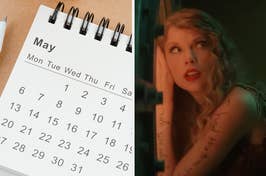 On the left, a May calendar, and on the right, Taylor Swift pressing her ear to the door in the I Can See You music video