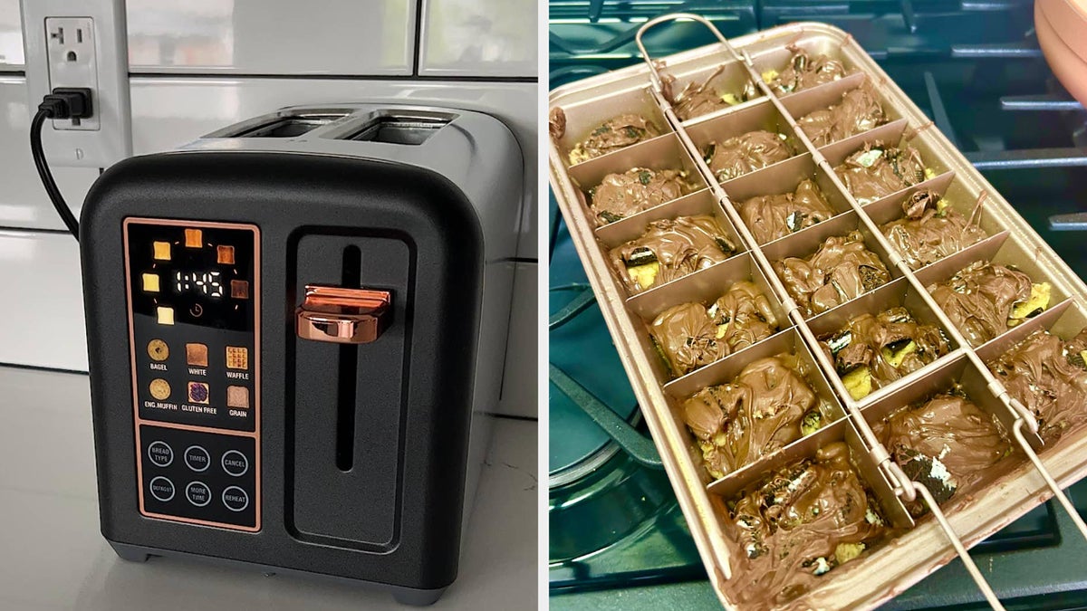 toaster with control panel and brownie pan with divisions