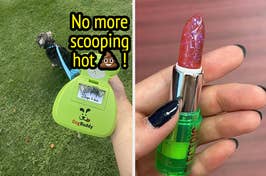 reviewerr holding dog poop scooping device and reviewer holding their sparkly lipstick