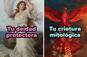 Imagen dividida: Izquierda, pintura de una diosa; derecha, ave fénix animada. Texto: "Tu deidad protectora" y "Tu criatura mitológica"