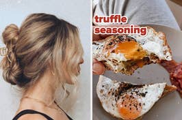 Left: Person with a stylish messy bun. Right: Close-up of a sandwich with egg and truffle seasoning