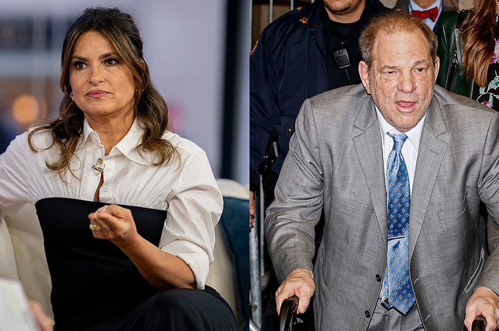 Split image: left shows Mariska Hargitay seated in discussion; right shows Harvey Weinstein in a suit, using a walker