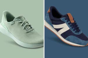 Two styles of sneakers: casual low-top lace-up on left and classic suede on right, for a shopping guide