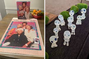 Completed jigsaw puzzle of The Golden Girls; little kodama figurines that glow in the dark