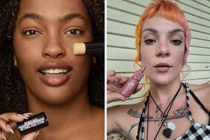 on left: model using Peace Out Retinol Face Stick, on right: reviewer wearing pink Peripera Lip Tint
