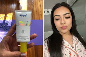 left: reviewer holding tube of Supergoop! Unseen Suncreen; right: reviewer wearing eyeliner created by winged eyeliner stamp