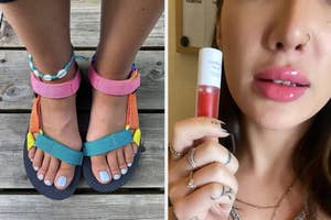 Person showcasing vibrant sandals; another holds a lip oil applied to their lips
