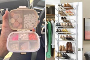 Two images side by side: Left - a pill organizer in a hand, Right - a door-mounted shoe rack with various shoes