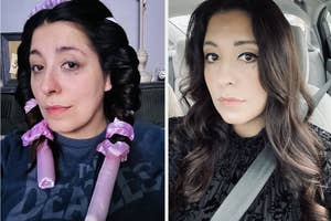 left: reviewer wearing heatless curling headbands, right: same reviewer with loose waves after using the heatless curling headbands