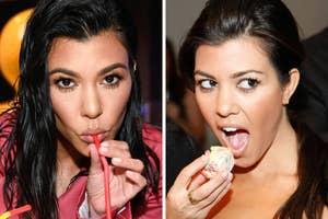 Kourtney Kardashian sipping a drink vs Kourtney Kardashian licking a cupcake at an event
