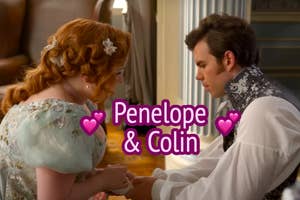 Characters Penelope and Colin from a Bridgerton, in period costumes, hold hands looking at each other with hearts around text "Penelope & Colin"
