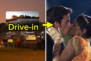 Drive-in theater and Anthony and Kate from "Bridgerton" kissing