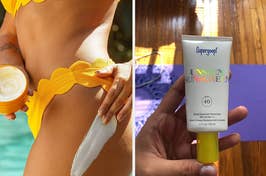 on left: model using Brazilian Bum Bum cream; on right: reviewer holding tube of Supergoop! Unseen Sunscreen