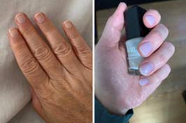 Hand before and after applying a nail concealer product, shown with the product bottle
