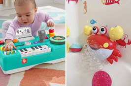 Left: Baby playing with a toy piano. Right: Bubble-blowing toy crab on a bathroom wall