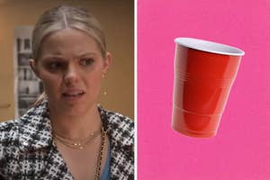 Left: A concerned Leighton from "The Sex Lives of College Girls." Right: A red plastic cup centered on a pink background