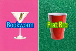 Side-by-side of a martini glass with "Bookworm" and a red party cup with "Frat Bro" on contrasting backgrounds