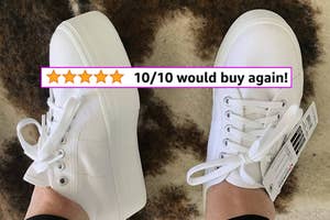 Reviewer wearing new white platform sneakers with a 5-star review text overlay saying "10/10 would buy again!"