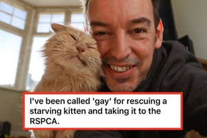 Man poses with a cat, smiling at the camera; text overlay shares his experience being mocked for rescuing a kitten