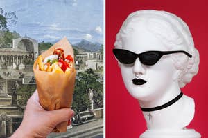 Hand holding a gyro with a historical site in background; classical bust with sunglasses against a red backdrop