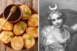 On the left, a bowl of pancakes with honey and mint leaves; on the right, a vintage illustration of Artemis with a moon over her head.