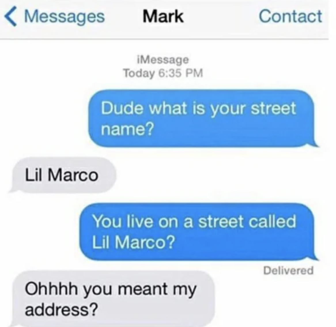 Text message exchange with a misunderstanding about the term &quot;street name&quot; vs. address