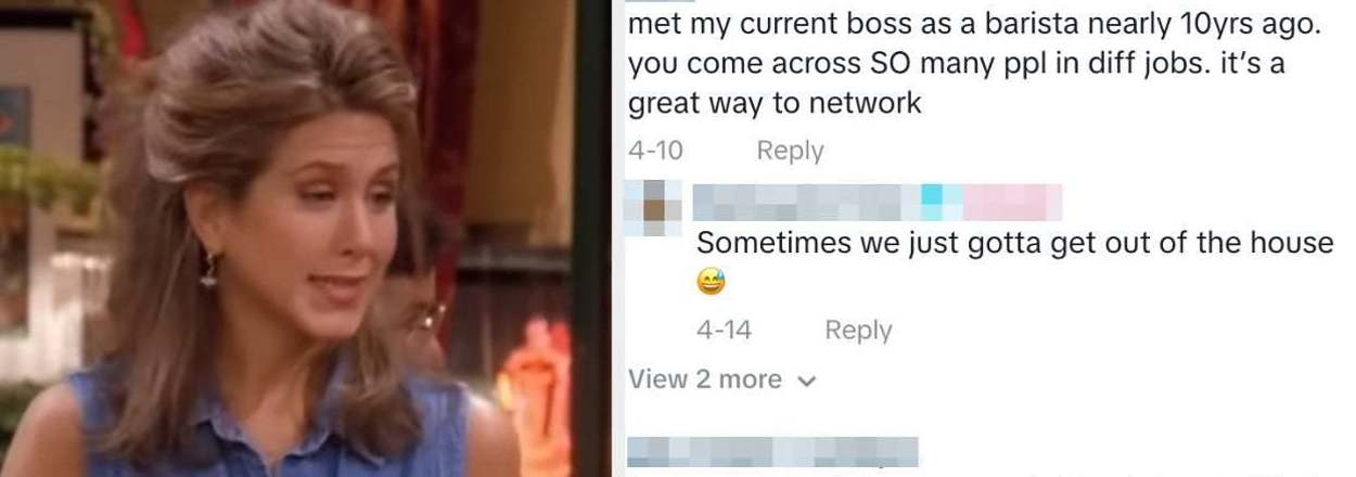 Rachel Green from Friends in a cafe, with overlaid text sharing networking tips and job transition stories