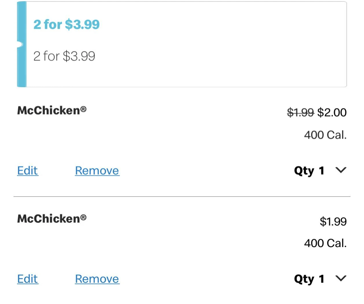 Screenshot of a digital food order showing a special offer for 2 items at $3.99 and a single item priced at $1.99 with a quantity option