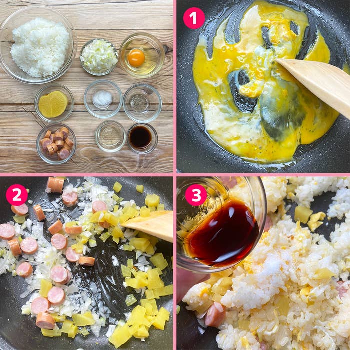 料理手順を示す4枚の写真。ご飯と卵、食材を混ぜる様子、フライパンで炒める工程。